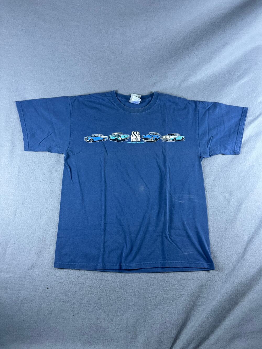 Old Guys Rule T-Shirt Mens L Blue Vintage Cars Time Tested Classics Graphics Tee